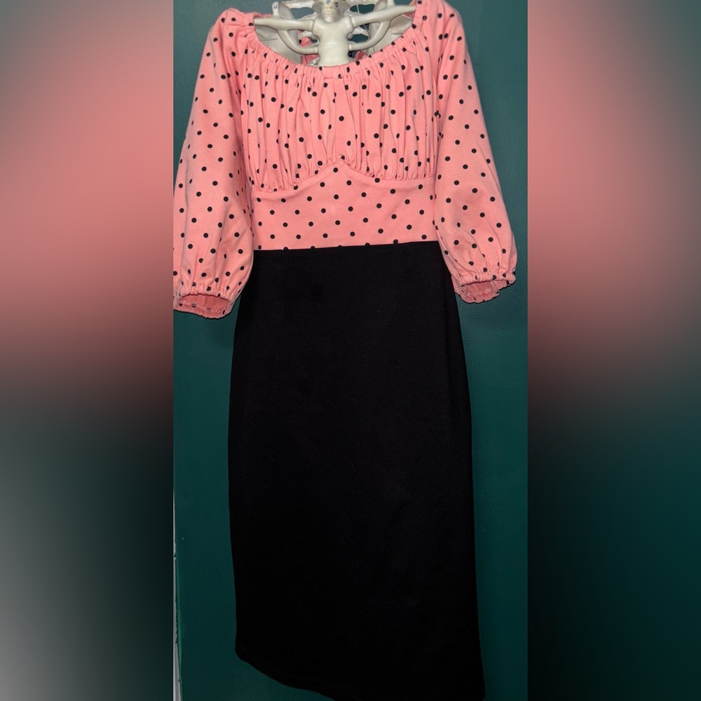 Vixen by Micheline Pitt Pink Polka Dot Top with Black Pencil Skirt Dress